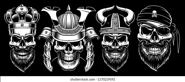 Set of vintage black and white skulls with king, samurai, viking and pirate. Isolated on dark background.