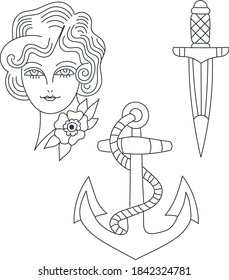 Set of vintage black and white tattoo elements isolated on white background