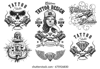 Set of vintage black and white tattoo emblems, badges, labels and logos. isolated on white background. layered