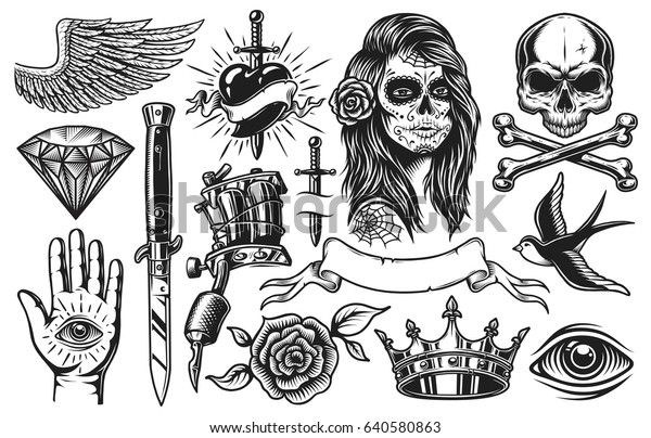 Set of vintage black and white tattoo elements\
isolated on white\
background
