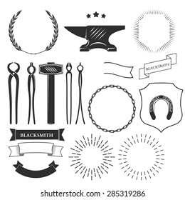 Set of vintage blacksmith labels and design elements vector illustration