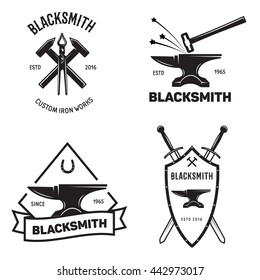 Set of vintage blacksmith labels and design elements with hammers anvil horseshoe and inscriptions isolated vector illustration