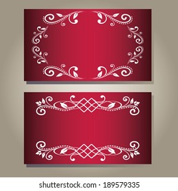 Set of vintage blank empty dark red purple elegance cards with curly white floral pattern. Vector illustration. Royal design for princess, glamour girl and woman. 