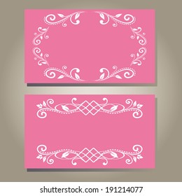Set of vintage blank empty pink elegance cards with curly white floral pattern. Vector illustration. Royal design for princess, glamour girl and woman. 