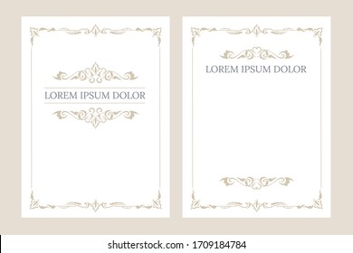 Conjunto de tarjetas de felicitación invitadas en blanco vintage con lugar para ilustración plana vectorial de texto. Colección de tarjetas de lujo con una plantilla de diseño de borde dorado. Decoración original y elegante