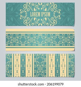 Set of vintage blue elegance horizontal banners with curly white floral patterns and sample text with shadows. Vector illustration. 