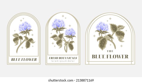 Set of vintage blue rose floral feminine logo elements and beauty product label vector illustration templates with leaf branch and frame