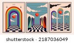 Set of vintage boho hippie styled posters with surreal abstract arch doorways and architecture for wall art decoration print or cards or music album covers. Vector illustration