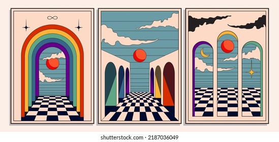 Set of vintage boho hippie styled posters with surreal abstract arch doorways and architecture for wall art decoration print or cards or music album covers. Vector illustration