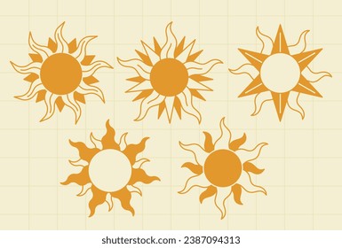 Set of vintage boho sun. Retro groovy graphic element. Editable stroke elements.Isolated vector illustration.