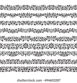 Set of vintage border brushes templates. Baroque floral elements for frames design and page decorations.