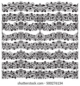 Set of vintage border brushes templates. Baroque floral elements for frames design and page decorations.