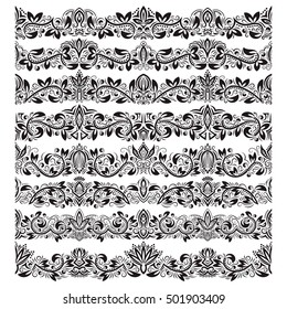 Set of vintage border brushes templates. Baroque floral elements for frames design and page decorations.