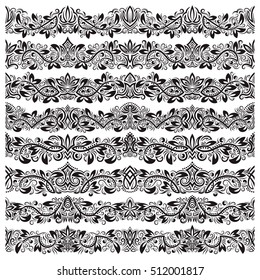 Set of vintage border brushes templates. Baroque floral elements for frames design and page decorations.