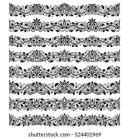 Set of vintage border brushes templates. Baroque floral elements for frames design and page decorations.