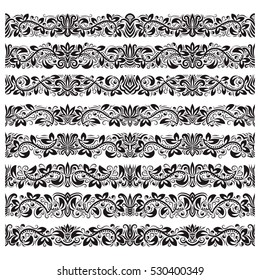 Set of vintage border brushes templates. Baroque floral elements for frames design and page decorations.