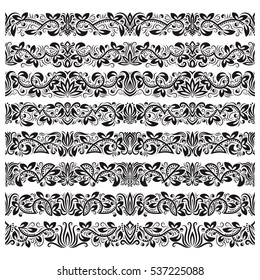 Set of vintage border brushes templates. Baroque floral elements for frames design and page decorations.