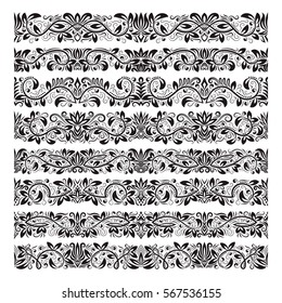 Set of vintage border brushes templates. Baroque floral elements for frames design and page decorations.