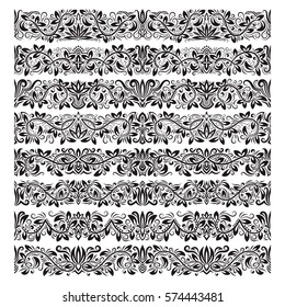 Set of vintage border brushes templates. Baroque floral elements for frames design and page decorations.