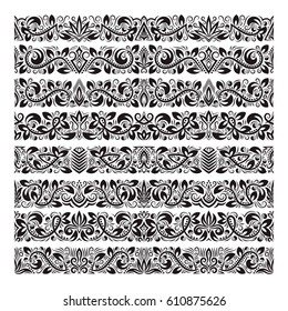 Set of vintage border brushes templates. Baroque floral elements for frames design and page decorations.