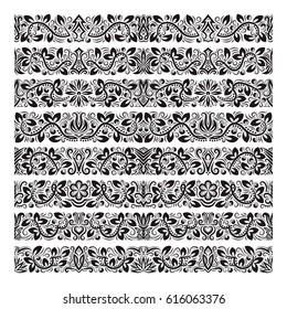 Set of vintage border brushes templates. Baroque floral elements for frames design and page decorations.