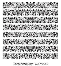 Set of vintage border brushes templates. Baroque floral elements for frames design and page decorations.