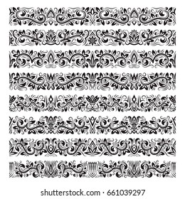 Set of vintage border brushes templates. Baroque floral elements for frames design and page decorations.