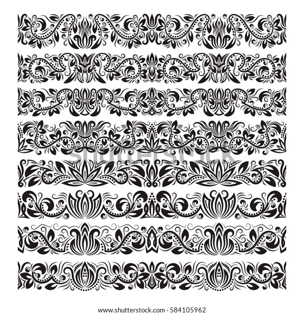 Set of vintage border\
brushes templates. Baroque floral elements for frames design and\
page decorations.