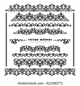 Set of vintage border lines on white, vector scroll embellishment in retro style