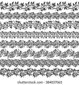 Set of vintage borders for design. Eight border elements for frames in vintage floral style. Patterned brushes kit.