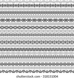 Set of vintage borders for design. Twenty border elements for frames in knotting style. Patterned brushes kit.
