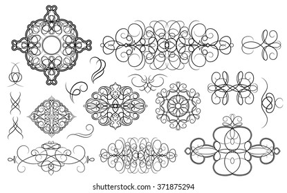 Set vintage borders, frame and rosette. Decoration for logo, wedding album or restaurant menu. Ornate swirl leaves, label, curved lines and decor elements in vector.