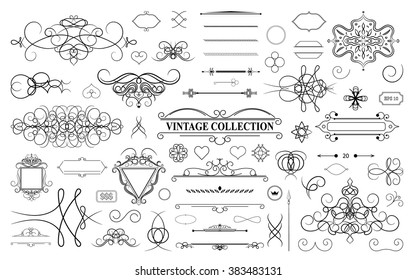 Set Vintage Borders, Frame And Rosette. Decoration For Logo, Wedding Album Or Restaurant Menu. Ornate Swirl Leaves, Label, Curved Lines And Decor Elements In Vector. Premium Decor Elements