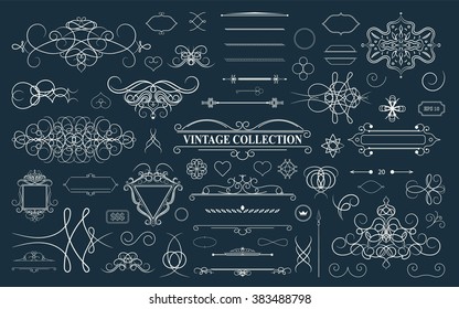 Set vintage borders, frame and rosette. Decoration for logo, wedding album or restaurant menu. Ornate swirl leaves, label, curved lines and decor elements in vector.