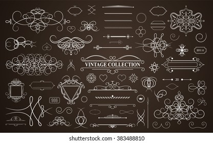 Set vintage borders, frame and rosette. Decoration for logo, wedding album or restaurant menu. Ornate swirl leaves, label, curved lines and decor elements in vector.