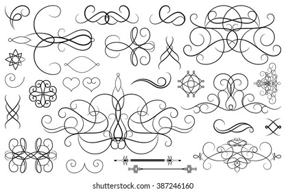 Set vintage borders, frame and rosette. Decoration for logo, wedding album or restaurant menu. Ornate swirl leaves, label, curved lines and decor elements in vector.