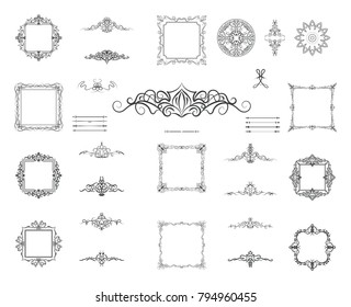 Set vintage borders, frame and rosette. Decoration for logo, wedding album or restaurant menu. Ornate swirl leaves, label, curved lines and decor elements in vector.