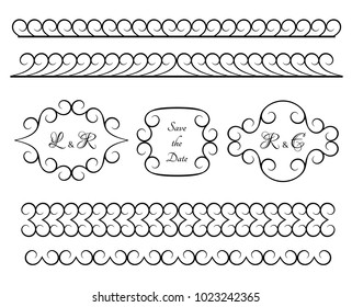 Set of vintage borders and vignettes, decorative design elements in retro style, vector scroll embellishment on white 