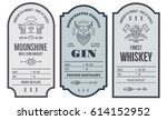 Set of vintage bottle label design with ethnic elements in thin line style. Alcohol industry emblem, distilling business. Monochrome, black on white. Place for text