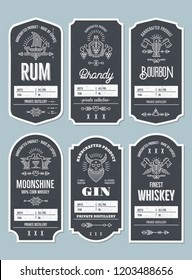 Set of vintage bottle label design with ethnic elements in thin line style. Alcohol industry emblem, distilling business. Monochrome, black on white. Place for text