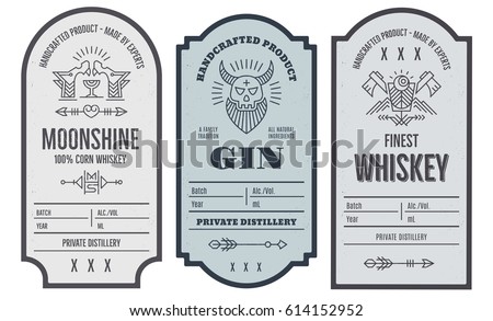 Set of vintage bottle label design with ethnic elements in thin line style. Alcohol industry emblem, distilling business. Monochrome, black on white. Place for text