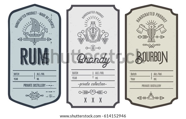 Set of vintage bottle\
label design with ethnic elements in thin line style. Alcohol\
industry emblem, distilling business. Monochrome, black on white.\
Place for text