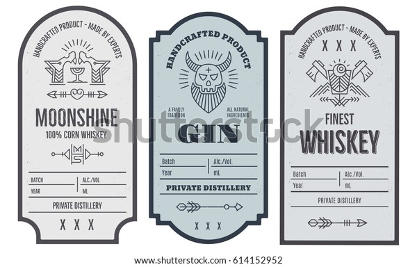 Set of vintage bottle\
label design with ethnic elements in thin line style. Alcohol\
industry emblem, distilling business. Monochrome, black on white.\
Place for text