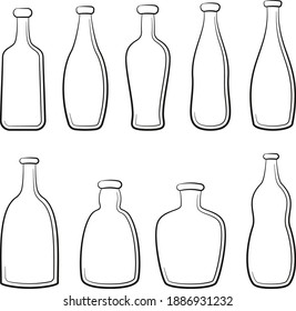 Set of Vintage Bottles, Black Contours Isolated on White Background. Vector