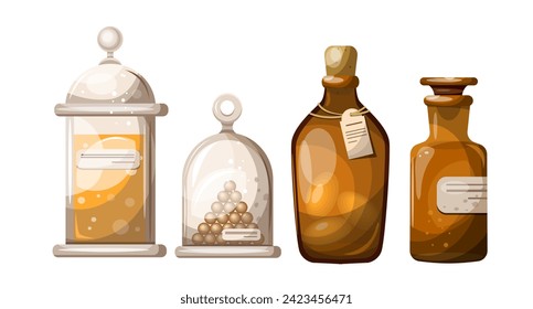 
Conjunto de botellas y conos de época. Aislar sobre un fondo blanco. Vector
