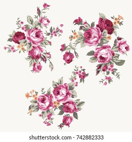 Set of vintage bouquet of roses, floral design and decoration elements - raster version