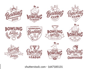 Set of vintage Bowling emblems and stamps. Sport badges, stickers on white background isolated. Collection of retro logos with hand-drawn text, phrases. Vector illustration