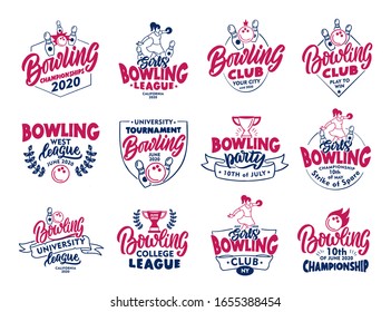 Set of vintage Bowling emblems and stamps. Colorful badges, templates, stickers on white background isolated. Collection of retro logos, hand-drawn text, phrases. Vector illustration