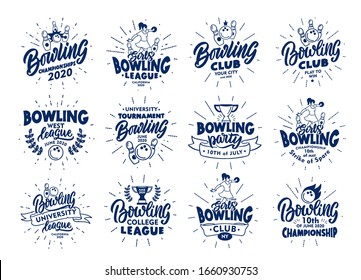 Set of vintage Bowling emblems and stamps. Blue badges, stickers on white background. Collection of logos with rays, hand-drawn text, icons, phrases. Vector illustration