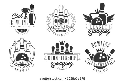 Set of vintage bowling logos cartoon vector illustration